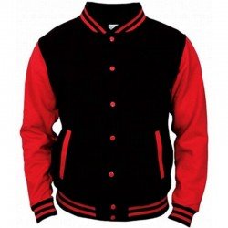 Blouson teddy / baseball / universités américaines Noir manches rouges. De face.