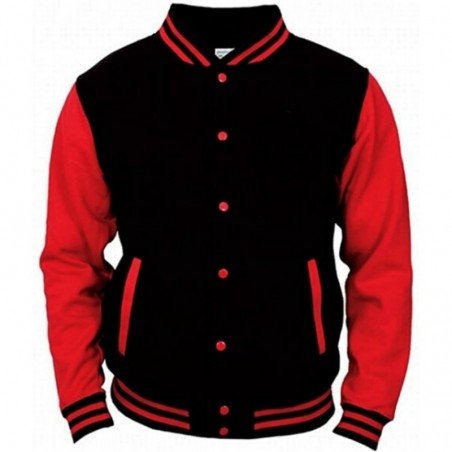 Blouson teddy / baseball / universités américaines Noir manches rouges. De face.
