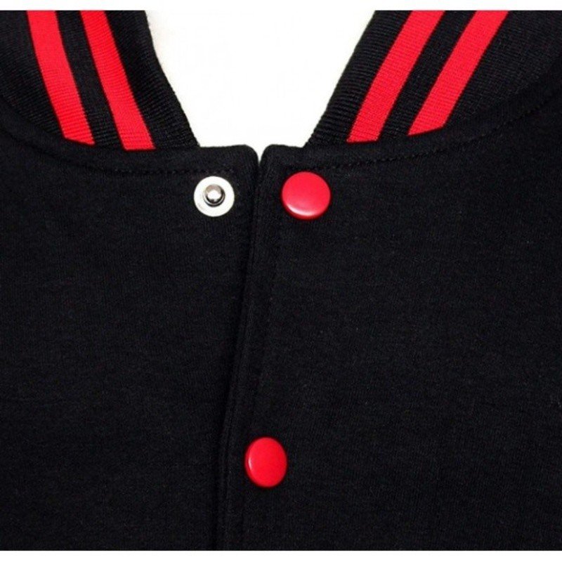 Blouson teddy / baseball . Noir manches rouges. Boutons pression rouges.