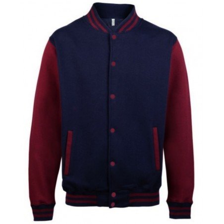 Blouson teddy. Bleu Marine, manches bordeaux.