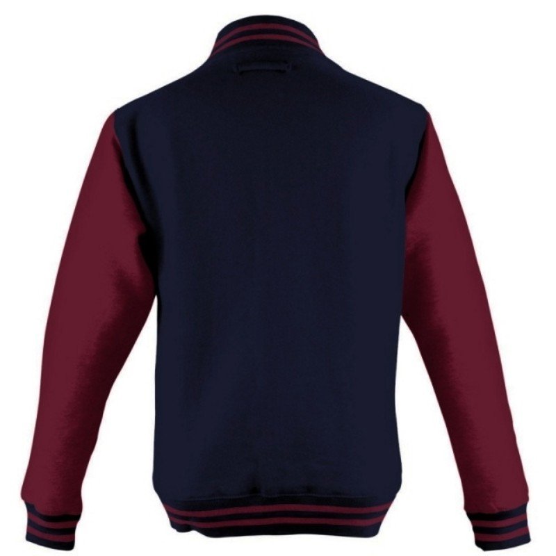 Blouson teddy. Bleu Marine, manches bordeaux. de dos.