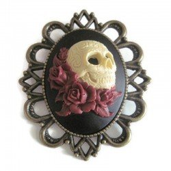 Broche camée retro vintage halloween skull roses tête de mort mexicain