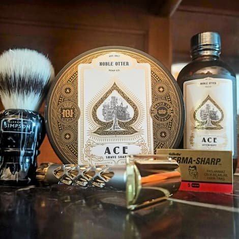 Savon à Raser Noble Otter "Ace"  + blaireau Simpson + rasoir Valymor  + lames Gillette + flacon après-rasage